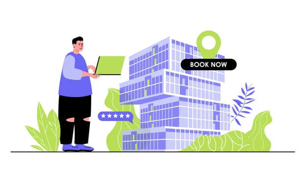 Hotel booking concept for modern web design. People planning trip and renting house or room using laptop, searching travel apartment by internet. Flat illustration isolated on white background. vector