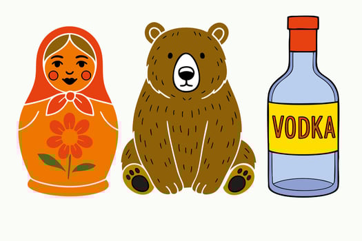 Traditional Russian elements with matryoshka doll, brown bear and vodka bottle in cartoon style on white background vector