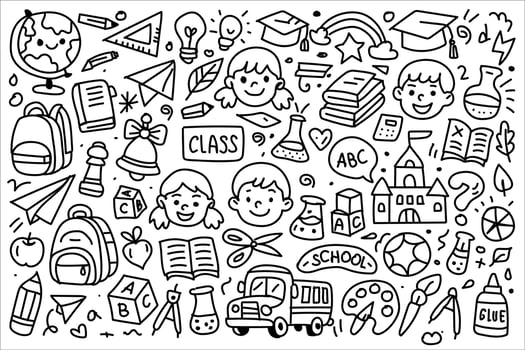 Hand drawn school doodle illustration with kids, supplies and symbols vector