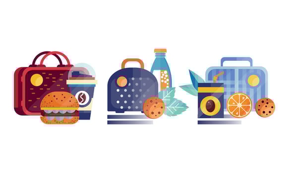 Lunch Food Boxes Set, Food For Children and Students with Various Ingredients Flat Illustration vector