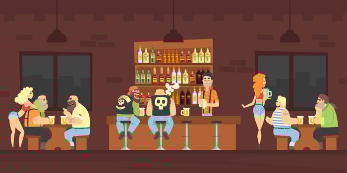 Bikers or Criminal Gang Member Sitting at Counter at Bar Drinking Beer and Chatting, Male Bartender Pouring Beer in Mug at Counter, Beautiful Girls Waitresses Serving Clients Illustration vector