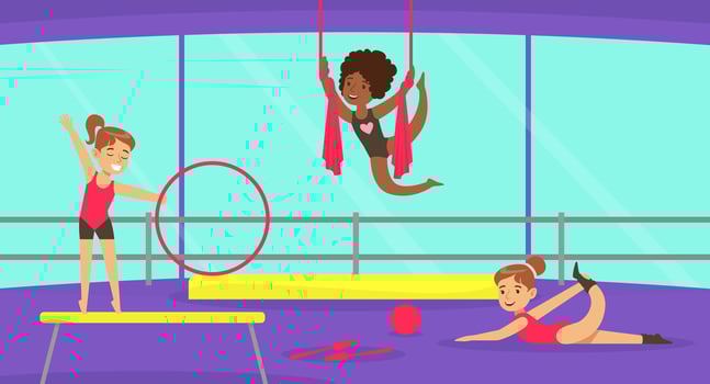 Cute Girl Performing Gymnastic Exercises in Gym, Gymnast Girl Taking Part in Rhythmic Gymnastics Competitions Cartoon Illustration vector
