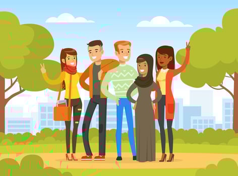 Happy People of Various Nationalities and Cultures Standing Together in Park, Social Diversity, Independent, Equality, Solidarity Illustration vector