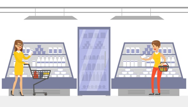 Women Shopping in Supermarket, Customers Buying Dairy Products, Grocery Shop Interior Cartoon Illustration vector