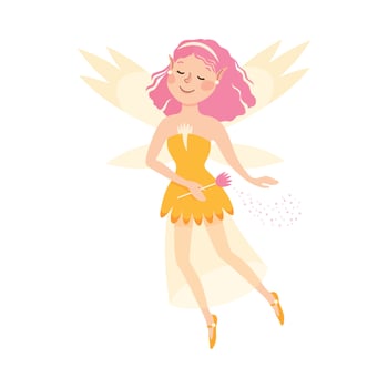 Cute Girl Fairy with Magic Wand, Lovely Winged Elf Princesses in Fancy Dress Cartoon Style Illustration vector