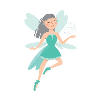 Cute Girl Fairy with Wings, Lovely Winged Elf Princesses in Green Dress Cartoon Style Illustration vector