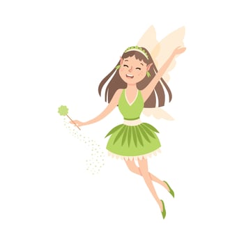 Cute Girl Fairy with Magic Wand, Lovely Flying Winged Elf Princesses in Green Dress Cartoon Style Illustration vector
