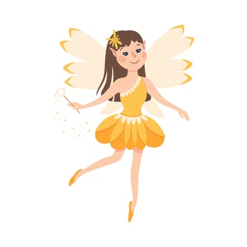 Cute Girl Fairy with Magic Wand, Lovely Flying Winged Elf Princesses in Pretty Dress Cartoon Style Illustration vector