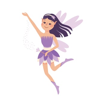 Cute Girl Fairy with Magic Wand, Lovely Flying Winged Elf Princesses in Lilac Dress Cartoon Style Illustration vector