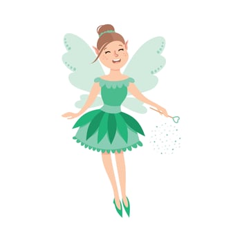 Cute Girl Fairy with Magic Wand, Happy Adorable Winged Elf Princesses in Green Dress Cartoon Style Illustration vector