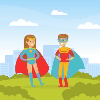 Cute Boy and Girl Dressed in Superhero Costumes Playing Outdoors, Happy Kids Having Fun on Background of City Landscape Cartoon Illustration vector