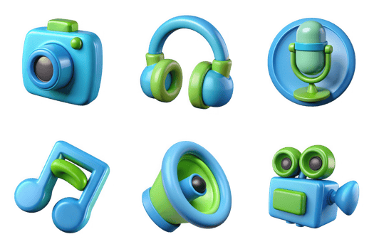 Blue green digital media icons isolated on a transparent background camera headphones png