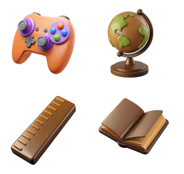 Orange controller green globe open book brown ruler isolated on a transparent background gaming joystick png