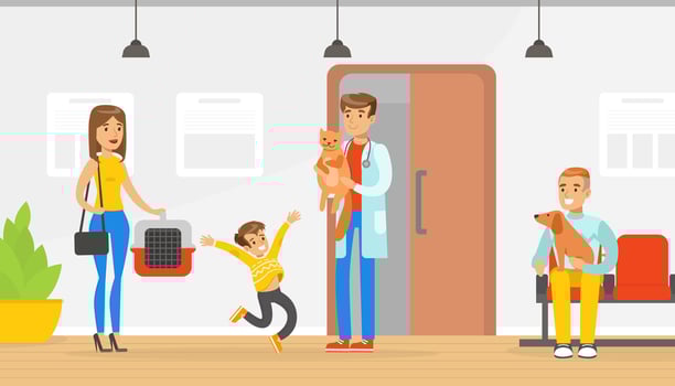 Mom and her Son Taking their Cat to Veterinarian for Check Up, Vet Clinic Interior, Pets Healthcare, Medical Treatment, Prevention and Immunization Illustration vector