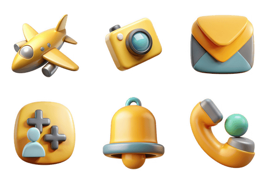 Yellow airplane camera envelope user add bell telephone icons isolated on a transparent background lens png