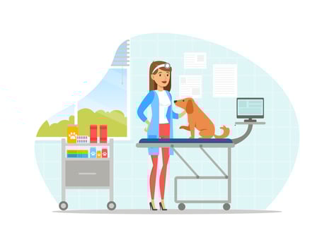 Veterinary Clinic Female Medical Specialist Examining and Treating Dog, Vet Clinic Interior, Pets Healthcare, Medical Treatment, Prevention and Immunization Illustration vector