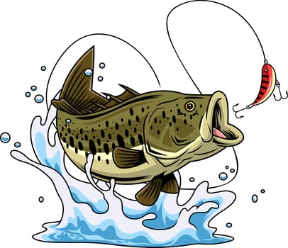 Aggressive Game Fish Artwork With Wide Jaw Action And Curved Fishing Line vector