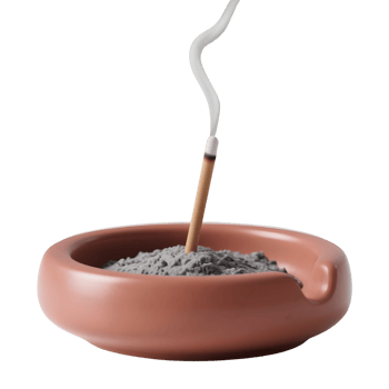 A burning incense stick with smoke in a ceramic holder isolated on transparent background png
