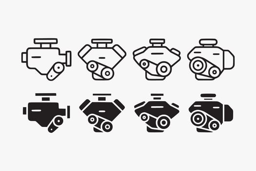 automotive engine icon set in outline and filled style for garage, workshop and repair. car engine parts silhouette collection. car motor element designs with inline, v, boxer, rotary type vector