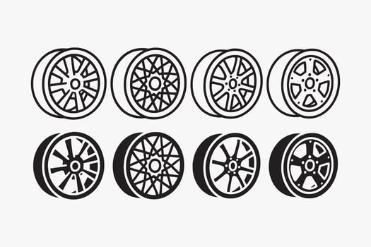 car wheel rim icons set in outline and filled style for garage, workshop and repair. allow rim racing illustrations. automotive spoke spare parts element designs with multi, mesh, split, modular vector