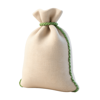 A tied burlap sack with green rope isolated on transparent background png