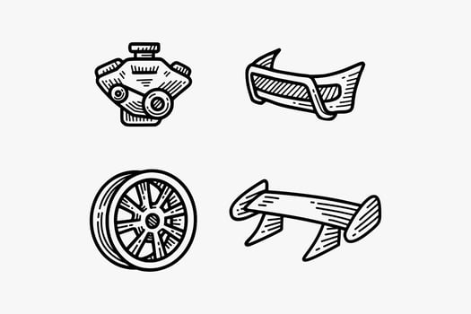 boxer engine, tubular bumper, multi spoke, sport spoiler racing, car wheel rim engraving doodle illustration design set for automotive, racing, garage, workshop, vehicle, custom service, repair vector