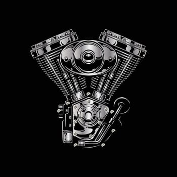 shows a polished, chrome motorcycle engine with a V-twin configuration vector
