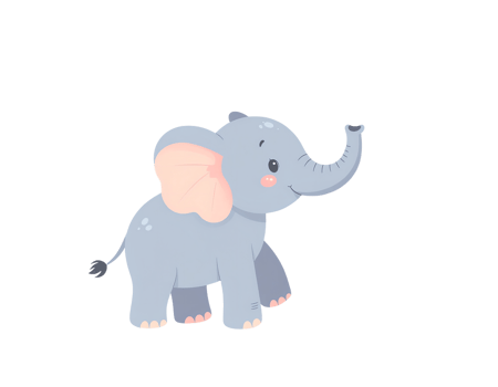 Cute cartoon elephant with large ears and happy expression standing transparency background designed for children with soft pastel colors and gentle features suitable for kids books or nursery png