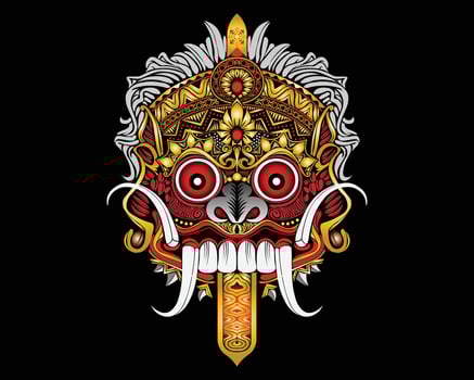 Balinese Leak mask ,red, gold, scary fangs vector