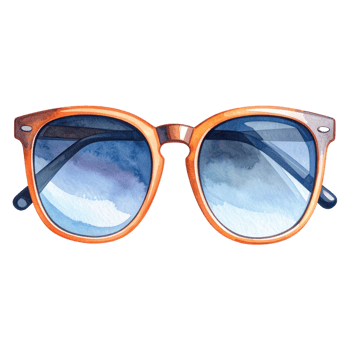 Watercolor sunglasses with orange frames and blue lenses, isolated on transparent background, summer style, fashion accessory, sun protection. png