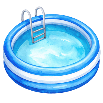 Watercolor illustration of a blue inflatable swimming pool with ladder, isolated on transparent background, summer, recreation, holiday. png