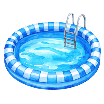 Inflatable swimming pool with ladder, filled with water, isolated on transparent background, summer fun, recreation, relaxation. png