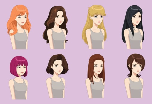 Illustrated women's hairstyles in various colors vector