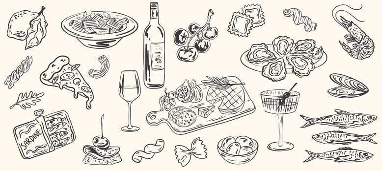Hand drawn mediterranean crayon food illustration. Sketch style lunch or dinner. of Italian homemade pasta, wine, charcuterie illustrations for invitations, menus. La dolce vita italian style vector
