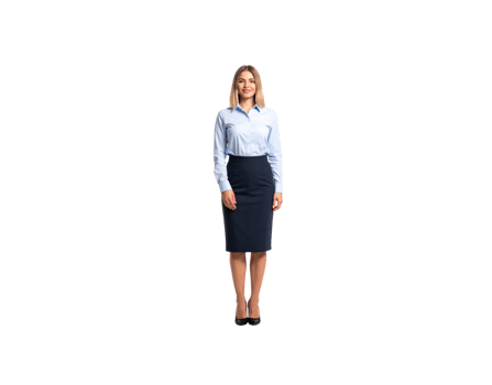Smiling Blonde Woman in Blue Shirt and Navy Skirt Standing. png