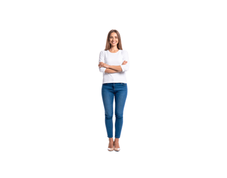 Smiling Woman in White Shirt and Blue Jeans with Arms Crossed. png