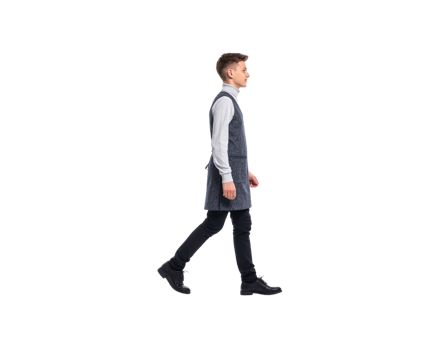 Teenager in Vest Walking Side View Black Jeans and Leather Shoes. png