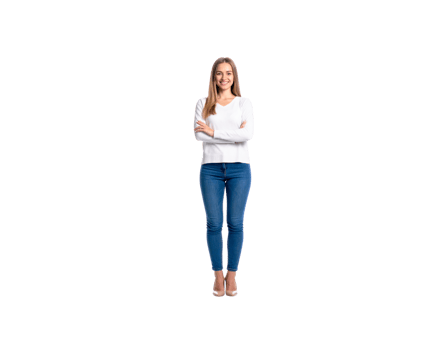 Smiling Woman in White Shirt and Jeans with Arms Crossed Full Shot. png