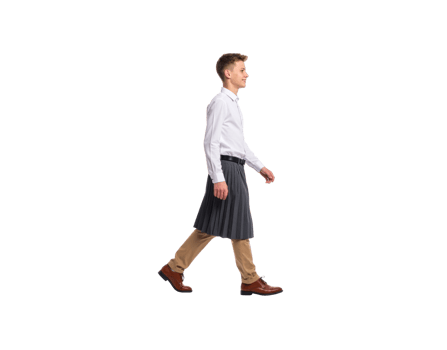 Young Man Walking in Kilt Shirt Trousers and Leather Shoes. png