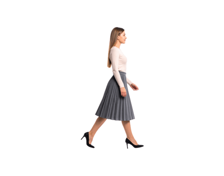 Woman Walking in Gray Pleated Skirt and Black High Heels. png