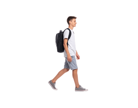 Teenager Walking with Backpack White TShirt and Gray Shorts. png