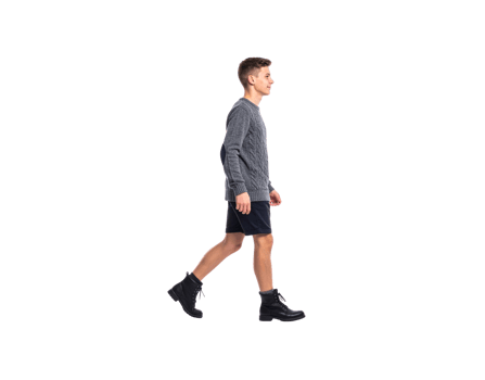 Young Man Walking in Gray Sweater Shorts and Black Boots. png