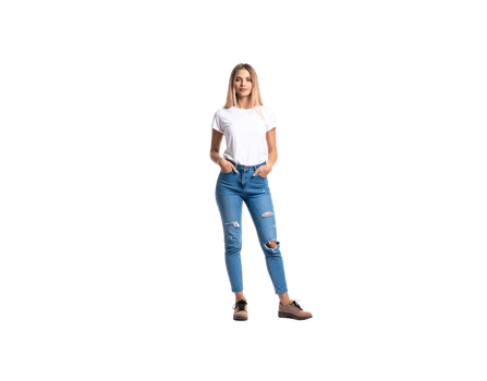 Blonde Woman in White TShirt and Ripped Jeans Standing Confidently. png