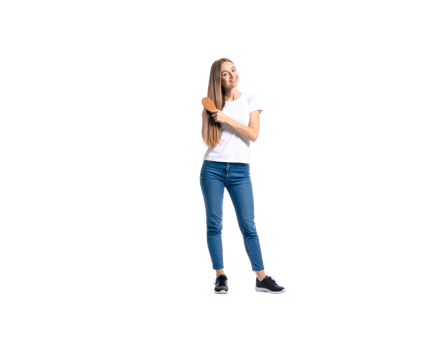 Smiling Woman Brushing Long Blonde Hair with Wooden Brush. png