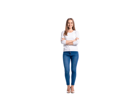 Smiling Woman with Arms Crossed Wearing White Sweater and Blue Jeans. png