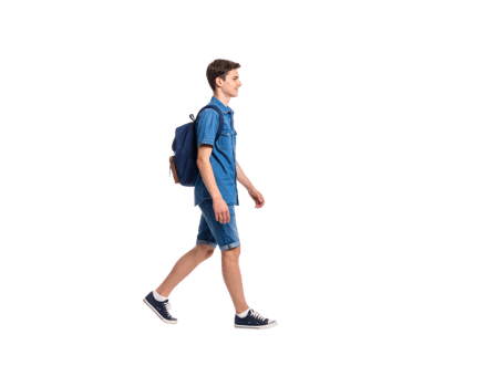 Young Man Walking with Denim Outfit and Backpack Side View. png