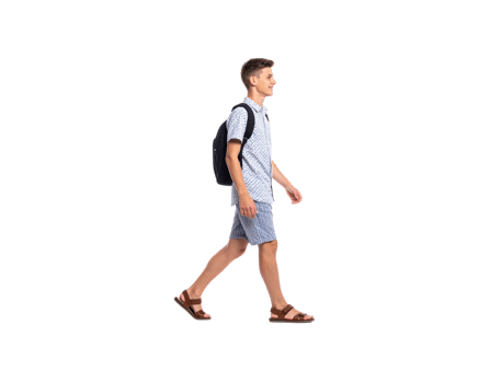 Teenager Walking with Backpack Wearing Patterned Shirt and Striped Shorts. png