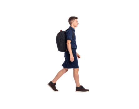 Teenager Walking with Backpack in Blue Outfit and Brown Boots. png