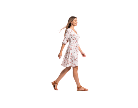 Smiling Woman Walking in Floral Dress and Sandals. png