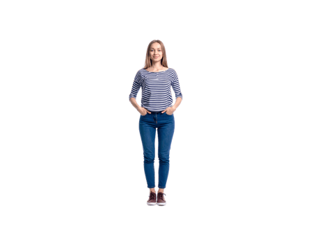 Smiling Woman in Striped Shirt and Jeans with Hands in Pockets. png
